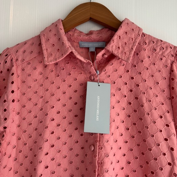 Antonio Melani Patricia Eyelet dress soft coral pink color buttons down sleeves - Picture 4 of 14